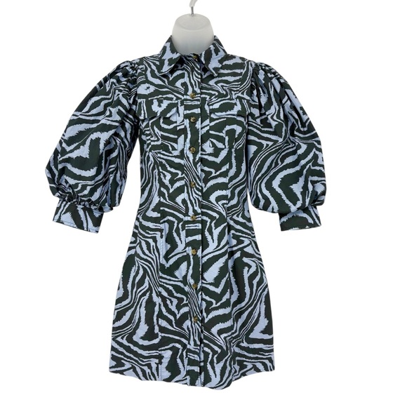 Ganni Zebra Print Cotton Shirt Dress Puff Sleeve Mini Blue Gray Designer EU34 XS - Picture 8 of 16